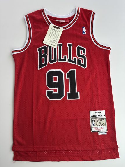 Camiseta NBA Chicago Bulls Dennis Rodman #91 roja Hardwood Classics vista frontal