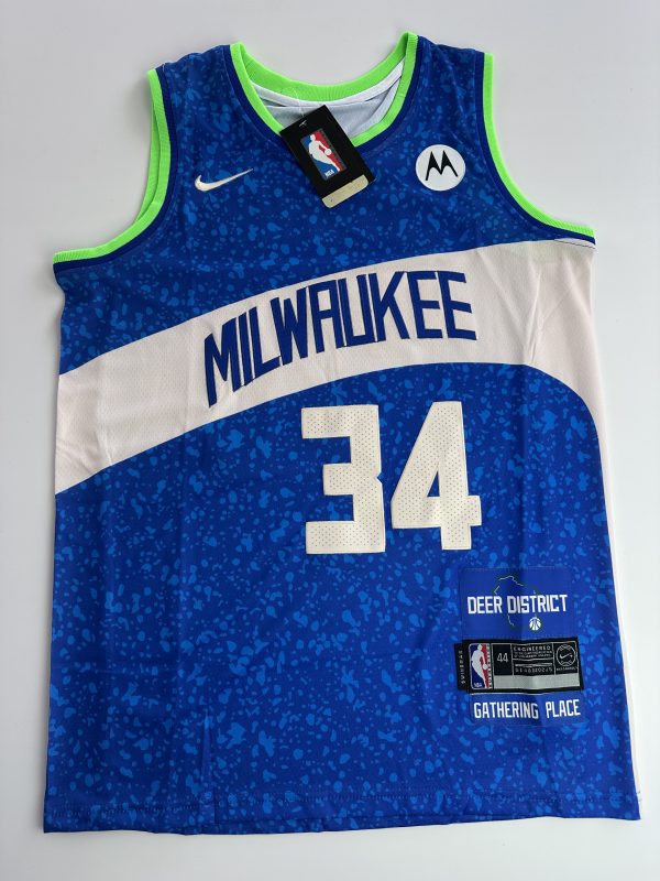 Camiseta NBA Milwaukee Bucks Giannis Antetokounmpo #34 azul City Edition vista frontal